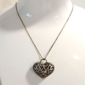 Vintage 925 Sterling Silver Pendant Necklace Filigree Heart 18.5" Signed Italy